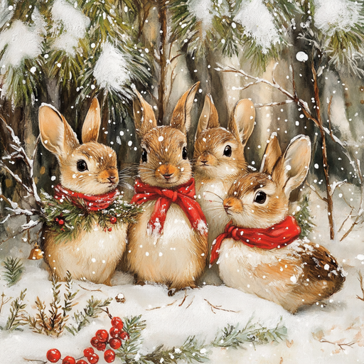 The 10 x 10 Winter Bunnies in Falling Snow Sign TTE-023 depicts four winter bunnies in a snowy forest adorned with red scarves and a wreath. Red berries add splashes of color amid gently falling snow, capturing the seasons natural beauty.