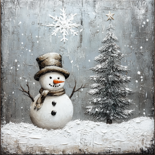 The 10 x 10 Winter Snowman and Tree Sign (TTE-004) features a textured painting of a snowman in a top hat and scarf by a snow-covered evergreen. A large snowflake hangs above with flakes falling against the grey background, capturing the serene beauty of winter.