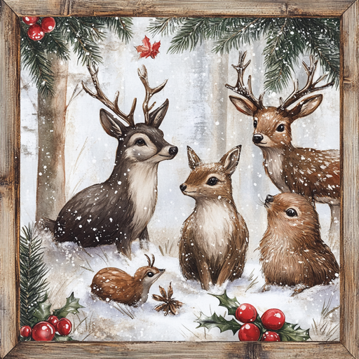 The 10" x 10" Winter Wildlife with Wood Border Sign (TTE-021) showcases illustrated deer and woodland animals amidst a snowy forest. Encircled by pine branches and holly adorned with red berries, this piece features a natural wood border, enhanced by gently falling snowflakes that evoke a festive and tranquil ambiance.
