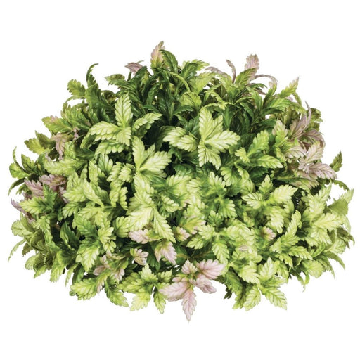 The Mini Tea Leaf Half Orb 02115orb features lush, faux green and pink-tinted leaves arranged in a compact half orb shape, displaying detailed veining and varied sizes for a rich, natural look.