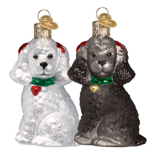 The Assorted Poodle (A) Ornament by Old World Christmas (12152) features two blown-glass dog ornaments—one white, one black—with red ears, green collars, and gold heart tags, bringing charming detail to your holiday décor.