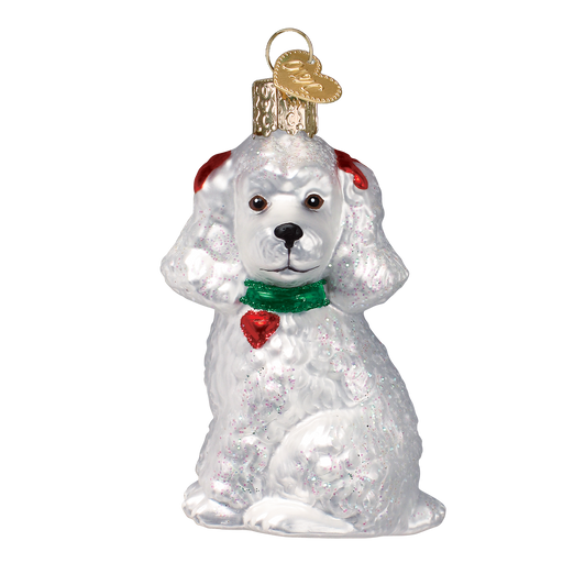 The Assorted Poodle (A) Ornament by Old World Christmas (12152) is a glittery white blown-glass sitting poodle with red ears, green collar, and red heart tag, finished with a gold cap and hanging loop.