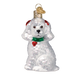 The Assorted Poodle (A) Ornament by Old World Christmas (12152) is a glittery white blown-glass sitting poodle with red ears, green collar, and red heart tag, finished with a gold cap and hanging loop.