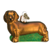 The Dachshund Dog Old World Christmas Ornament 12219 is hand-painted on mouth-blown glass, showcasing a brown dachshund on a green glittery base with a gold hook and decorative cap.