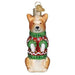 The Christmas Corgi Old World Christmas Ornament 12558 is a charming decoration, featuring a seated dog wearing a cheerful red and green sweater embellished with white snowflake designs. This hand-painted glass ornament sparkles beautifully, and is equipped with a gold loop on top for easy hanging.