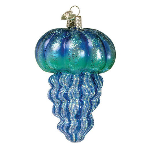 The Blue Jellyfish Ornament from Old World Christmas (12657) boasts a metallic blue and green rounded top with wavy blue tentacles. Adorned with glitter, this captivating piece celebrates the enchanting world of sea creatures and includes a small metal hook for easy hanging, making it a standout addition to any decor.