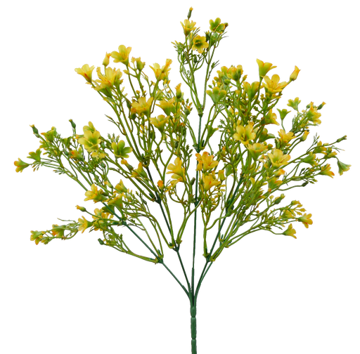 A 14 Yellow Plastic Wax Flower Bush with 5 stems (product code: 13539YW) features a delicate bouquet arranged fan-shaped against a white background.