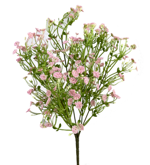 A 19 Pink Plastic Gypso Bush with 7 stems (13568PK) displays delicate pink flowers on slender green stems and leaves, set against a gradient backdrop of pastel purple and blue for a soft, vibrant arrangement.