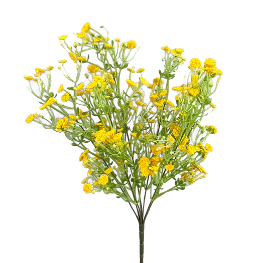 The vibrant bouquet of yellow flowers resembles a 19 Yellow Plastic Gypso Bush with 7 stems (Product ID: 13568YW) against a black background, featuring lush foliage and small clustered blossoms for a lively appearance.