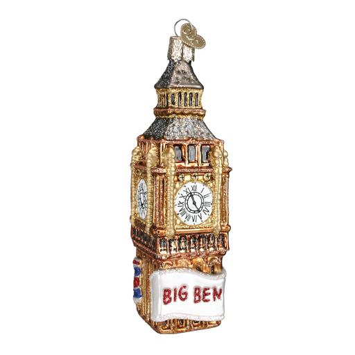 The Big Ben 20058 Old World Christmas Ornament is a hand-painted, gold and white glittery London landmark with clock faces and a BIG BEN banner—perfect for decorating your Christmas tree.
