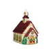 The Christmas Chapel Ornament Old World Christmas Ornament 20063 features a small church with a red roof, gold walls, green trees, and festive wreaths—perfect for holiday décor. Isolated on a white background.
