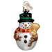 The Red Scarf Miniature Mr. Snowy Ornament by Old World Christmas features a festive snowman with a black hat, red striped scarf, golden broom, smiling face, and heart-shaped tag.