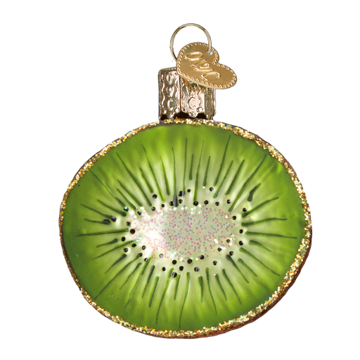 The Kiwi Ornament Old World Christmas Ornament 28115 features a circular design resembling a sliced kiwi with realistic green flesh, black seeds, gold glitter edges, and is topped with a golden cap and loop for hanging. It also includes a textured blue charm.