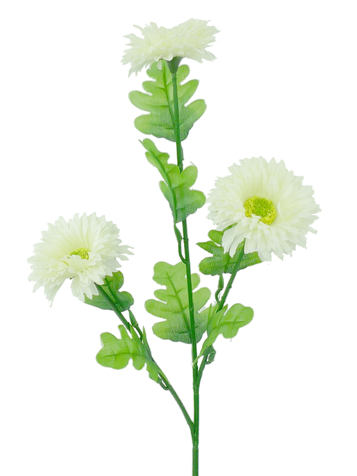 A 23 artificial Cream Gerber Spray (29422Cm) features three white daisies, each with a yellow center on a green stem adorned with lush leaves.