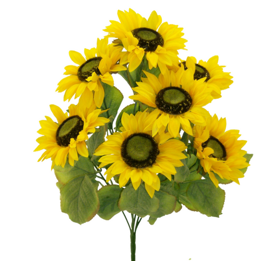 The 22 Sunflower Bush (30294GDYW) features seven stems with vibrant gold and yellow sunflowers that have dark brown centers, complemented by lush green leaves for a cheerful appearance.