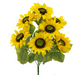 The 22 Sunflower Bush (30294GDYW) features seven stems with vibrant gold and yellow sunflowers that have dark brown centers, complemented by lush green leaves for a cheerful appearance.