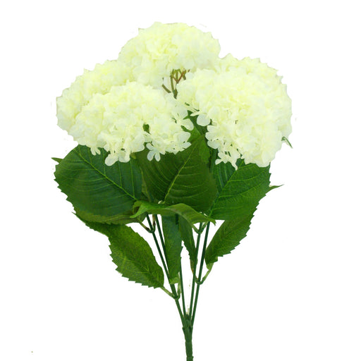 The Cream Hydrangea Bush x 5 Stems (30334CM) features a bouquet of cream hydrangeas with lush green leaves on slender stems displayed against a white background, highlighting its elegant synthetic design.