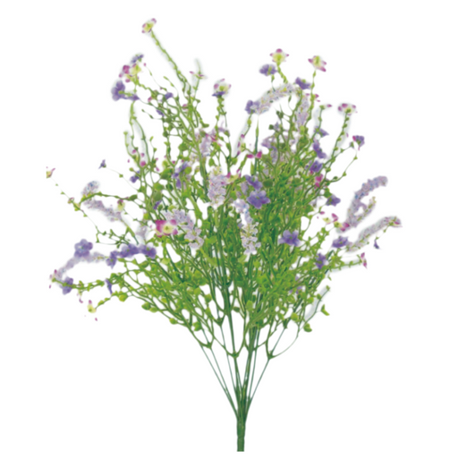 The 18 Lavender Babys Breath Filler Bush 30356LV features small purple and white flowers among delicate green stems, offering a natural and airy bouquet reminiscent of wildflower arrangements.