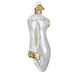The Cinderellas Slipper Old World Christmas Ornament 32004 is a glass ornament shaped like a glass slipper, adorned with gold and white glitter accents, and finished with a gold bow near the toe.