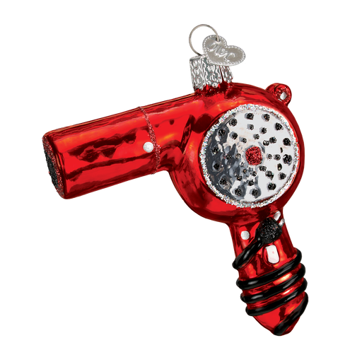 The Blow Dryer Ornament Old World Christmas Ornament 32179 features a shiny red hairdryer design with silver grille, black accents, and a silver cap and loop—perfect as a fun Hair Stylist ornament for your Christmas tree.