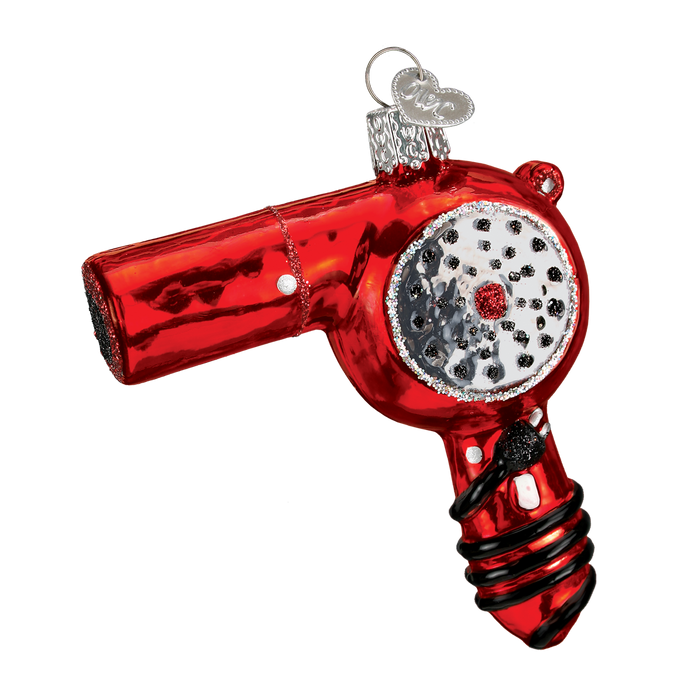 The Blow Dryer Ornament Old World Christmas Ornament 32179 features a shiny red hairdryer design with silver grille, black accents, and a silver cap and loop—perfect as a fun Hair Stylist ornament for your Christmas tree.