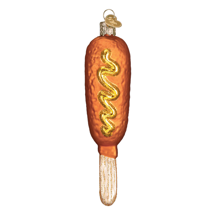 The Corn Dog Ornament Old World Christmas Ornament 32327, inspired by the Texas State Fair with a golden mustard swirl and sparkling stick, brings a whimsical touch to your holiday décor.
