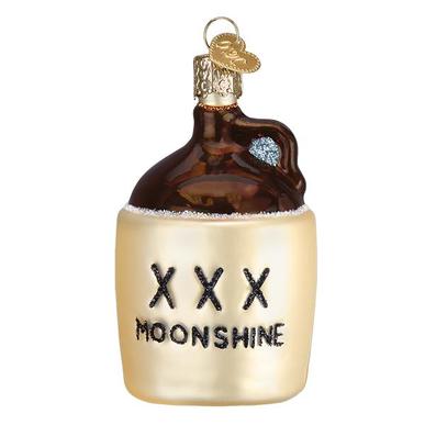 The Moonshine 32397 Old World Christmas Ornament is a decorative piece crafted from mouth-blown glass, designed to resemble a classic brown jug labeled XXX Moonshine. It features a gold cap and glittery accents, making it an ideal choice as a unique Christmas ornament that adds a whimsical touch to your holiday decor.