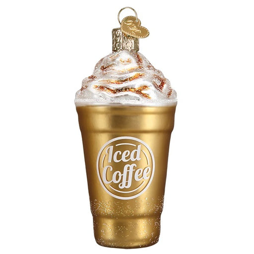 The Blended Coffee Old World Christmas Ornament 32398 features a gold iced coffee cup with white whipped cream, caramel drizzle, an Iced Coffee label, and a gold hanging loop—perfect for coffee lovers.