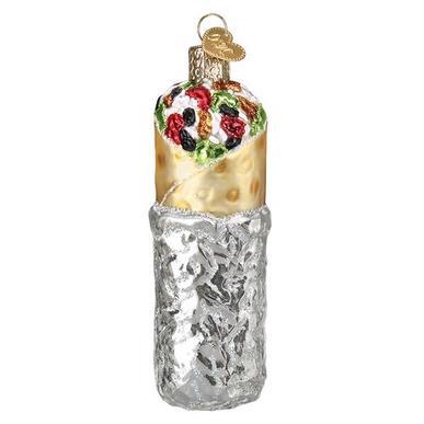 The Burrito Old World Christmas Ornament 32412 is a mouth-blown glass piece, featuring hand-painted shiny silver foil at the bottom and vibrant toppings like lettuce, tomatoes, and black beans on top, perfect for adding festive flair to your holiday decor.