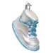 The Blue Baby Shoe Ornament (Old World Christmas 32491) is a charming sneaker-shaped keepsake with a shiny silver body, glittery blue laces and trim, and a silver loop for tree hanging, perfect for commemorating that memorable first step.