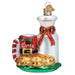 The Santas Milk & Cookies Ornament from Old World Christmas (32538) captures the classic snack for Santa with a milk bottle adorned with a red bow, a mug labeled Santa, and festive cookies on a green base.