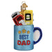 The Best Dad Mug Ornament by Old World Christmas (32544) features a blue mug with glittery BEST DAD and three gold stars, filled with colorful tools, and topped with a gold hanging cap—perfect for celebrating Dad.