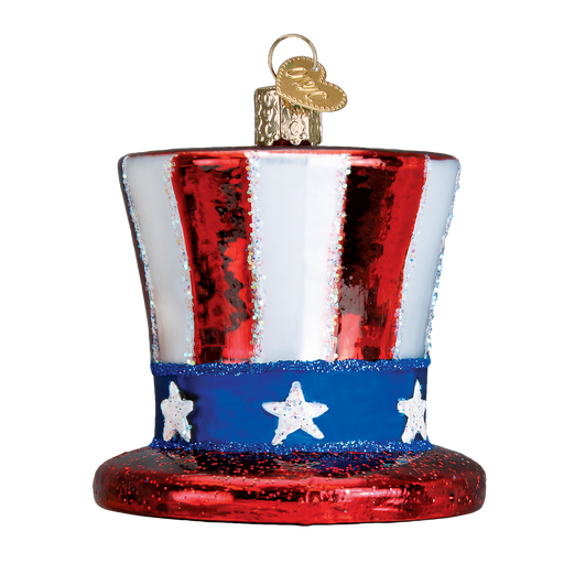 Show your patriotic spirit with the 36206 Uncle Sams Hat Ornament by Old World Christmas, a glass decoration featuring red, white, and blue stripes, white stars on a blue band, and a gold hanging loop.
