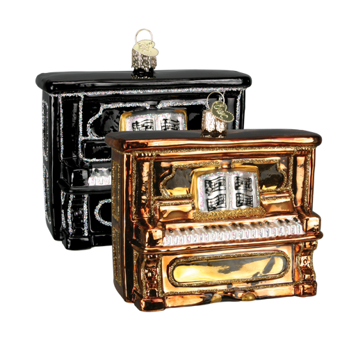The Upright Piano 38017 Old World Christmas Ornament Assorted collection includes two exquisite upright piano ornaments, one in black and the other in gold. These mouth-blown glass creations boast intricate details, with each piece featuring a music book on the stand and a convenient loop for hanging. Displayed together, these holiday heirlooms exemplify exceptional craftsmanship.