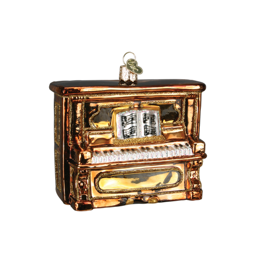 Introducing the Upright Piano 38017 Old World Christmas Ornament Assorted, a beautifully detailed gold-toned piece featuring an open music sheet—perfect as a treasured holiday keepsake.