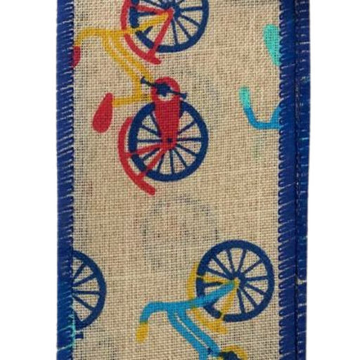 The 2.5 Natural Cruiser Bicycle Ribbon 41143-40-27 is a 2.5 x 10 yds ribbon with a colorful bicycle pattern in red, yellow, and blue, finished with a blue stitched edge.