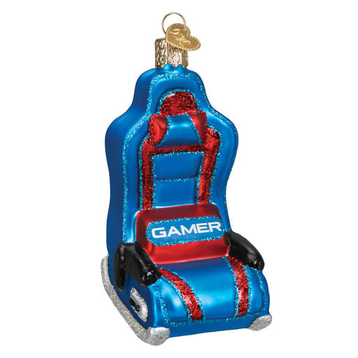 Ideal for a gamer gift, the Gaming Chair Ornament from Old World Christmas (product number 44170) is designed to resemble a blue and red gaming chair with "GAMER" boldly displayed on the seat. It includes sparkling glitter details and a small gold cap for hanging, making it an excellent decoration inspired by video games.
