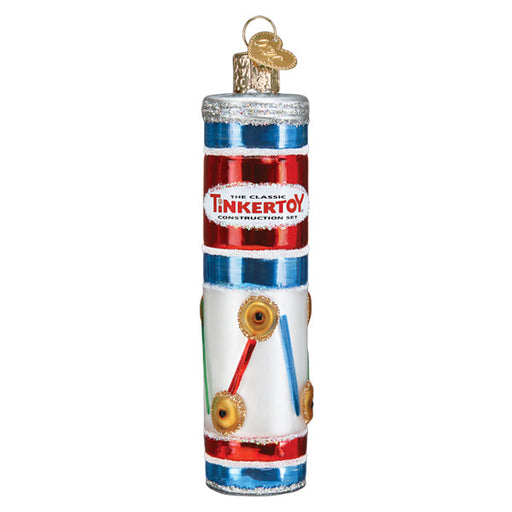 Introducing the Tinkertoy Ornament by Old World Christmas (Product 44188), a vibrant holiday decoration that resembles a vintage canister adorned with bold red, blue, and white stripes. This ornament showcases images of connected rods and wheels, making it an ideal choice for inspiring creativity and engineering skills during the festive season.