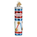 Introducing the Tinkertoy Ornament by Old World Christmas (Product 44188), a vibrant holiday decoration that resembles a vintage canister adorned with bold red, blue, and white stripes. This ornament showcases images of connected rods and wheels, making it an ideal choice for inspiring creativity and engineering skills during the festive season.