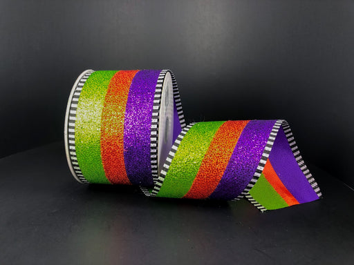 A 2.5x10Y Lime-Orange-Purple Glitter Stripe ribbon with black-white dash edge (55107-40-11), displayed against a black background.