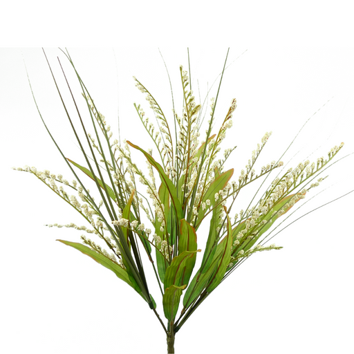 The product 56446Be, a 23-inch Foxtail Bush, features green and beige artificial grass and flowers arranged in a fan shape with small white blossoms on long, slender stems against a plain white background.