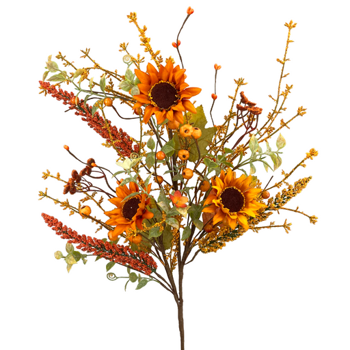 The 28 Sunflower Berry Spray 56746OR is a decorative artificial bouquet with vibrant orange sunflowers, yellow and red flowers, berry accents, green leaves, and brown stems arranged for a natural autumn-inspired look.