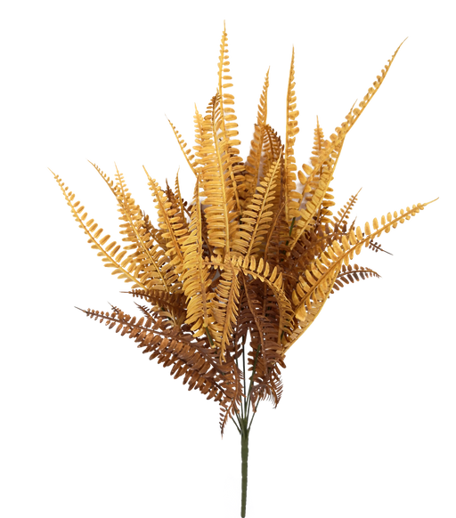 A 22 Light Brown Fern Bush with Nine Stems, item 56809Ltbn, featuring vibrant orange and light brown leaves with pointed edges radiating on thin stems against a white background.
