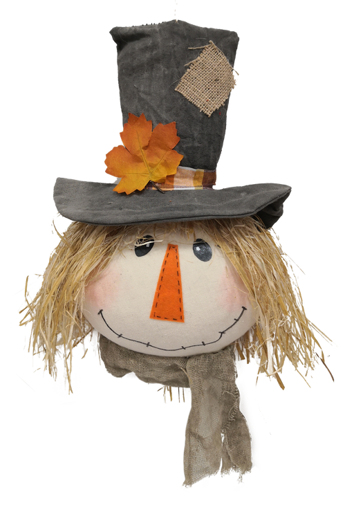 The 12 x 8 x 3.5 Black Scarecrow Head Ornament (56815Bk) features straw hair, a burlap-patched hat with autumn leaves, an orange triangle nose, rosy cheeks, and a cozy gray scarf.