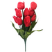 The 20 Red Tulip Bush 61386RD, featuring a vibrant bouquet of 12 red tulips with lush green leaves, offers a striking contrast. The smooth petals and narrow leaves create a vivid display against the pristine white background.