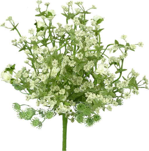 The 12 Gypso Bundle 62282BU12 features delicate white flowers with small petals, green stems, and fern-like greenery, creating an airy arrangement reminiscent of babys breath and tiny roses.