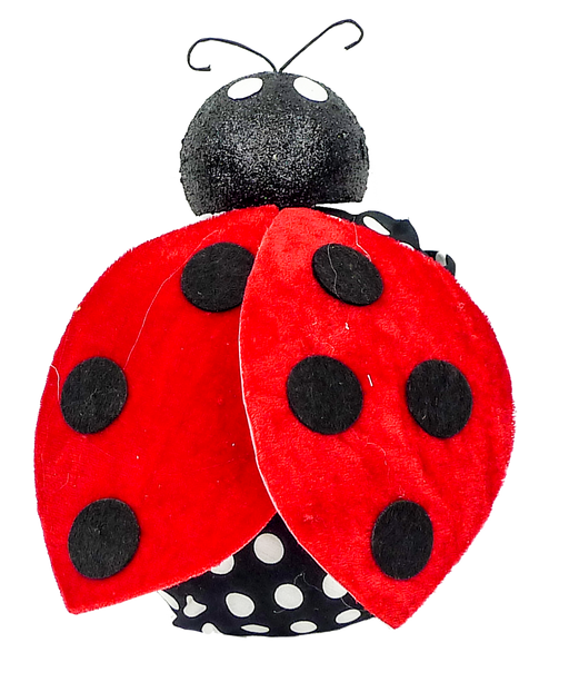 The 2 by 7 by 7 Red and Black Ladybug Ornament (62489RDBK) features a plush design with a black head, two antennae, large spotted red and black wings, and a black body with white polka dots. Shown on a plain white background.