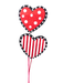 The 24" Red White and Black Polka Dot Stripe Heart Spray with 2 Stems features two heart-shaped decorations: the top one adorned with white polka dots and the bottom with vertical white stripes. Both hearts are highlighted by a black border with white dots, beautifully connected by red stems.