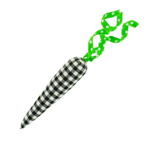 The 14 Black White Check Fabric Carrot (product 62613BKWT) boasts a charming design with black and white checkered fabric, green leaves with polka dot tops, combining whimsy and style to capture attention despite its modest size.