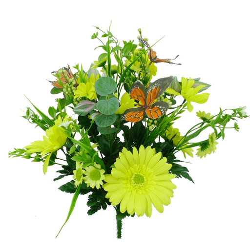 The 19 Gerber Daisy Butterfly Bush 62626YW boasts a vivid bouquet of 14 vibrant yellow flowers like daisies and Gerber daisies, with lush green foliage. Two orange butterflies rest on the blossoms, enhancing the lively freshness of this arrangement.